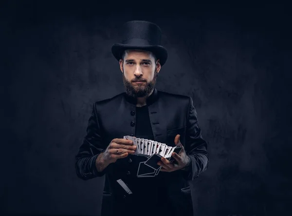 Magician Showing Trick Playing Cards Dark Background — Stock Photo, Image