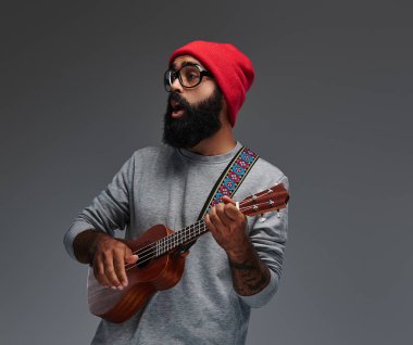 Kırmızı bir şapka ve güneş gözlüğü, ukulele üzerinde oynarken sakallı hippi erkek portresi. Gri arka plan üzerinde izole.