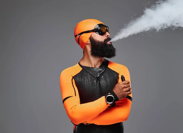 Portrait Bearded Male Orange Neoprene Diving Suit Dive Mask Smoking — Stock Photo, Image