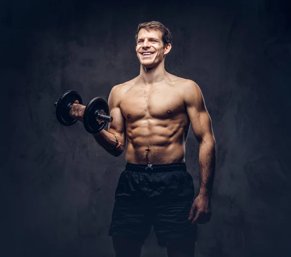 Studio Portrait Smiling Shirtless Athletic Tattooed Male Dressed Sports Shorts — Stock Photo, Image