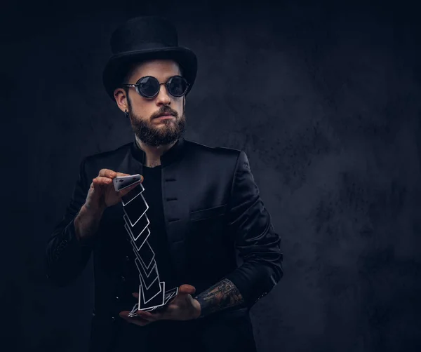 Magician Black Suit Sunglasses Top Hat Showing Trick Playing Cards — Stock Photo, Image