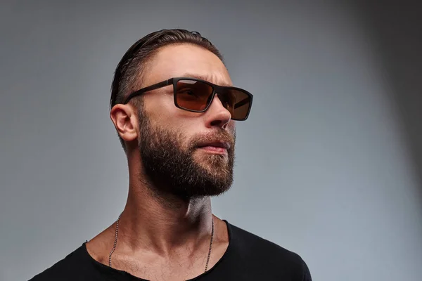 Close Portrait Handsome Fashionable Male Sunglasses Black Shirt — Stock Photo, Image