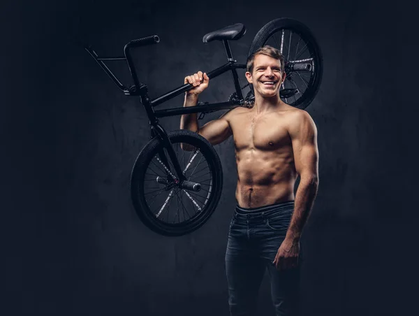 Bel Homme Torse Souriant Qui Tient Vélo Bmx Sur Son — Photo