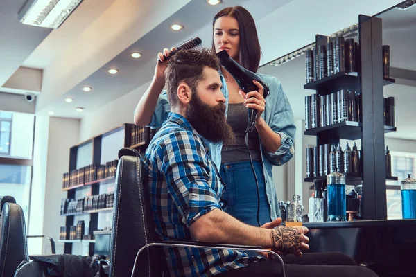 Handsome Stylish Bearded Male Tattoo Arm Dressed Flannel Shirt Holding — Stock Photo, Image