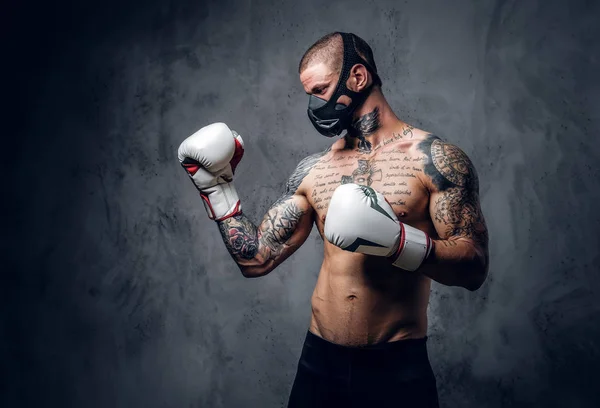 Studio Portrait Shirtless Tattooed Fighter Male Mask Grey Vignette Background — Stock Photo, Image