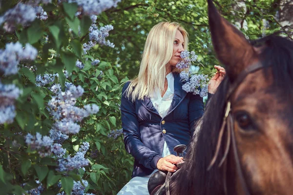 迷人的金发女郎骑着一匹棕色的马在花圃里 — 图库照片