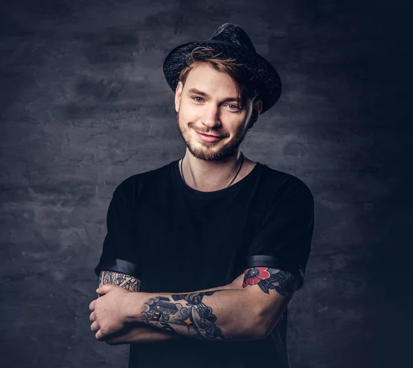 Portrait Handsome Bearded Hipster Crossed Tattooed Arms Dressed Black Shirt — Stock Photo, Image