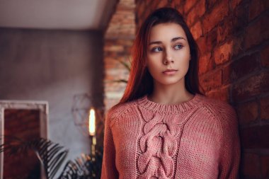 Şık elbise çatı iç ile bir odada bir tuğla duvara yaslanmış bir güzel şirin esmer portresi giymiş.