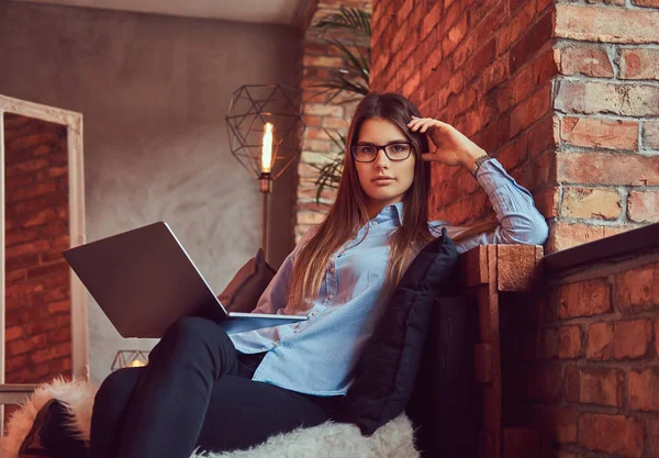 Portret Uroczy Brunetka Dama Okulary Niebieska Koszula Laptop Pracuje Trybie — Zdjęcie stockowe