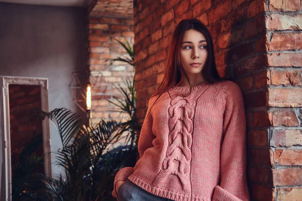 Retrato Una Hermosa Morena Encantadora Vestida Con Ropa Elegante Apoyada — Foto de Stock