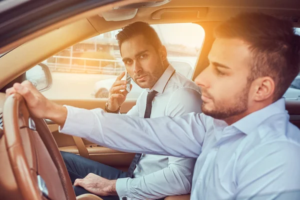 Handsome Stylish Businessman His Driver Car — Stock Photo, Image