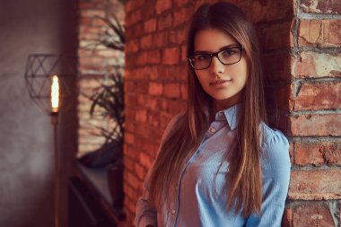 Portre çekici bir şirin esmer üzerinde karşı yaslanmış gözlük ve mavi gömlekli çatı tasarımı ile bir odada bir tuğla duvar.