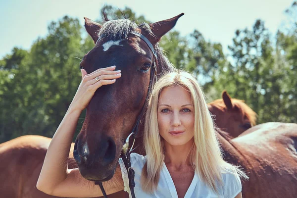 Encantadora Hermosa Rubia Con Una Blusa Blanca Jeans Abrazando Caballo — Foto de Stock