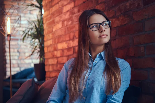 Portrait Attractive Charming Brunette Girl Wearing Glasses Elegant Shirt Sitting — Stock Photo, Image