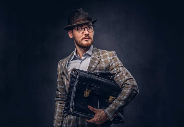 Bearded Man Wearing Casual Suit Hat Glasses Holds Suitcase — Stock Photo, Image