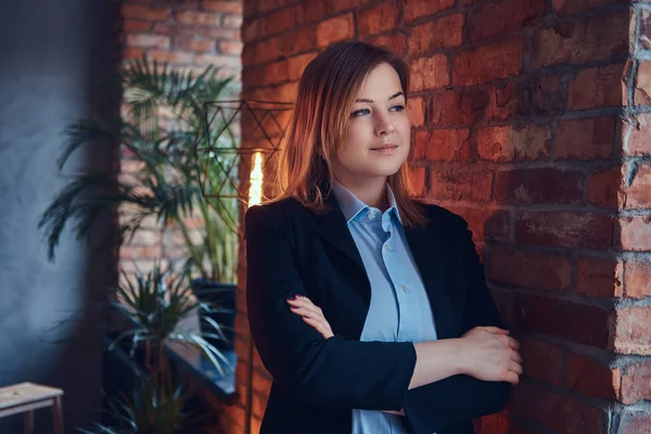 Portrait Business Blonde Woman Casual Suit Loft Interior — Stock Photo, Image