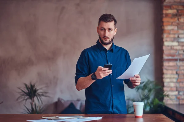 Happy Handsome Male Tattoo His Arm Standing Room Loft Interior — Stock Photo, Image