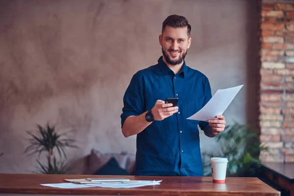 Happy Handsome Male Tattoo His Arm Standing Room Loft Interior — Stock Photo, Image