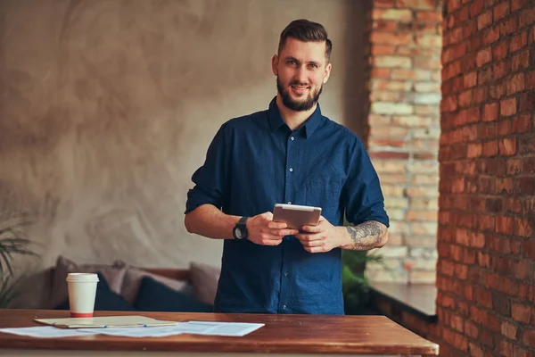 Happy Handsome Male Tattoo His Arm Standing Room Loft Interior — Stock Photo, Image