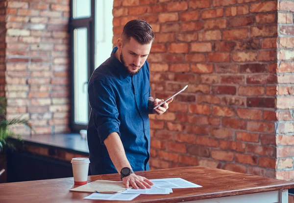 Happy Handsome Male Tattoo His Arm Standing Room Loft Interior — Stock Photo, Image