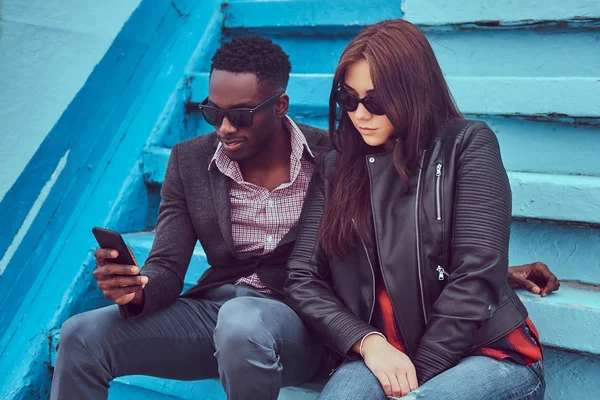 Portrait Attractive Stylish Couple African American Man Caucasian Girl — Stock Photo, Image