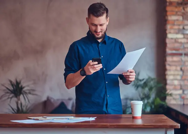 Portrait Bearded Businessman Blue Shirt Standing Room Loft Interior — Stock Photo, Image