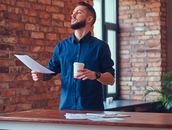 Portrait Bearded Businessman Blue Shirt Standing Room Loft Interior — Stock Photo, Image