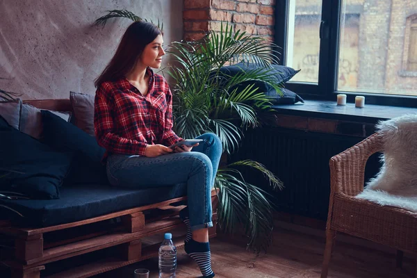 Charming Brunette Flannel Shirt Jeans Sitting Couch — Stock Photo, Image