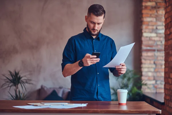 Happy Handsome Male Tattoo His Arm Standing Room Loft Interior — Stock Photo, Image