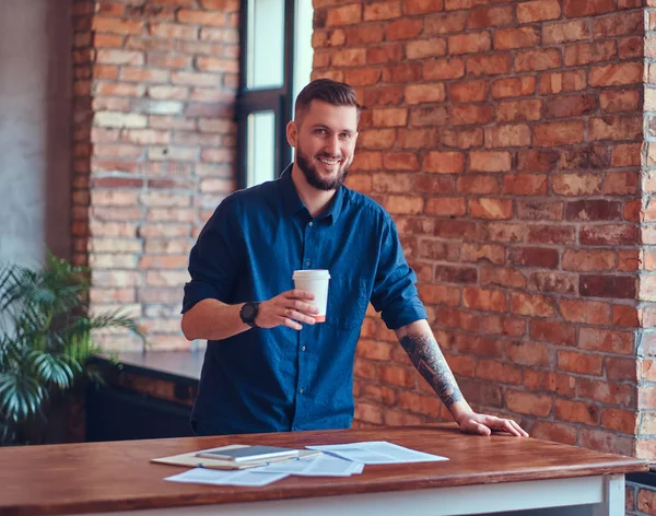 Happy Handsome Male Tattoo His Arm Standing Room Loft Interior — Stock Photo, Image