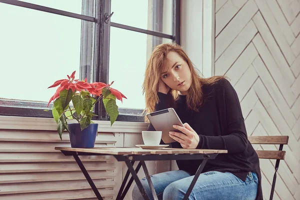 Young Student Drinks Morning Coffee Working Tablet Window — Stock Photo, Image