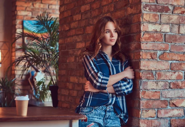 Young Charming Sensual Girl Stands Leaning Brick Wall — Stock Photo, Image
