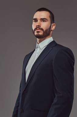 Stüdyo sakallı bir vahşi erkek portresi. Gri bir arka plan üzerinde izole.