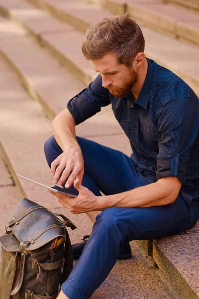 Handsome Bearded Male Casual Clothes Tablet Computer — Stock Photo, Image