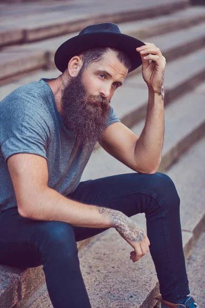 Handsome Hipster Male Stylish Beard Tattoo His Arms Dressed Casual — Stock Photo, Image