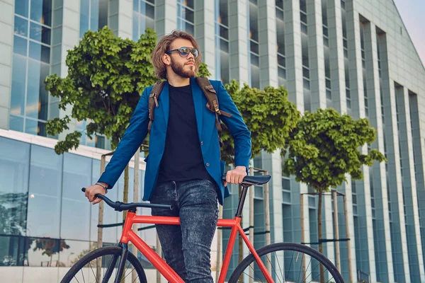 Handsome Bearded Man Stylish Jeans Jacket Sunglasses Backpack Standing Bicycle — Stock Photo, Image