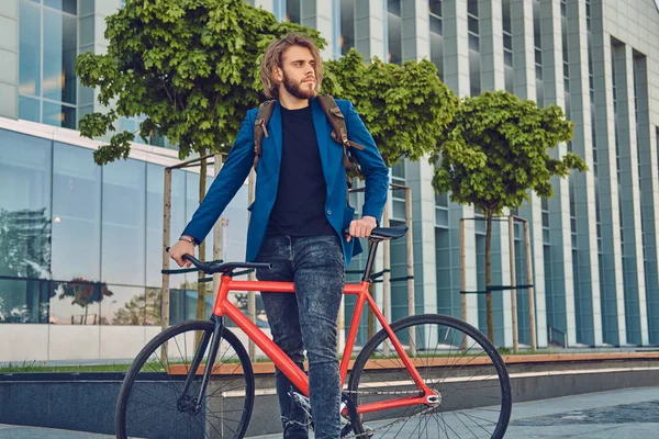Handsome Bearded Man Stylish Jeans Jacket Backpack Standing Bicycle Street — Stock Photo, Image