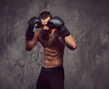 Acımasız bir kas boksör boks eldiven tekniği Delme çalışma ile.