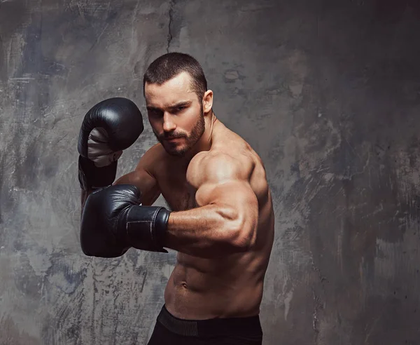 Brutal Muskulös Boxare Med Boxningshandskar Arbetar Stansning Teknik — Stockfoto