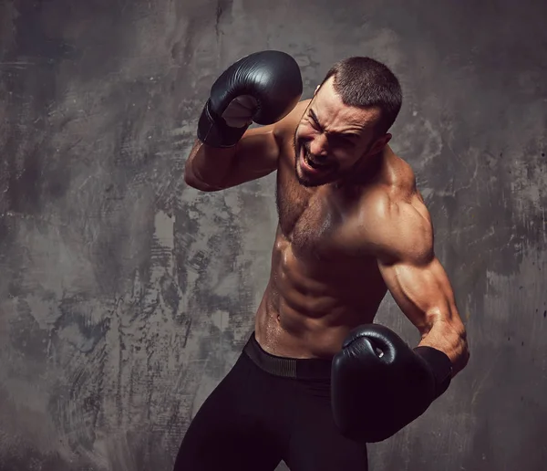 Brutal Muskulös Boxare Med Boxningshandskar Arbetar Stansning Teknik — Stockfoto