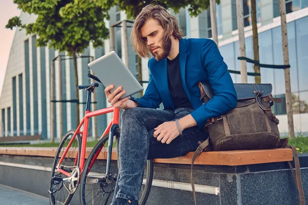 Handsome Fashionable Bearded Male Long Hair Sitting Bench Bicycle Using — Stock Photo, Image