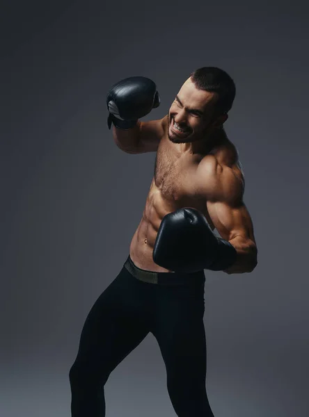 Studio Portrait Shirtless Brutal Athletic Boxer Wearing Black Boxing Gloves — Stock Photo, Image