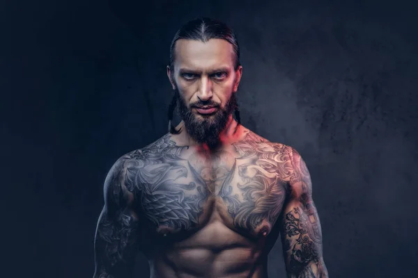 Close Portrait Muscular Bearded Tattooed Male Stylish Haircut Isolated Dark — Stock Photo, Image