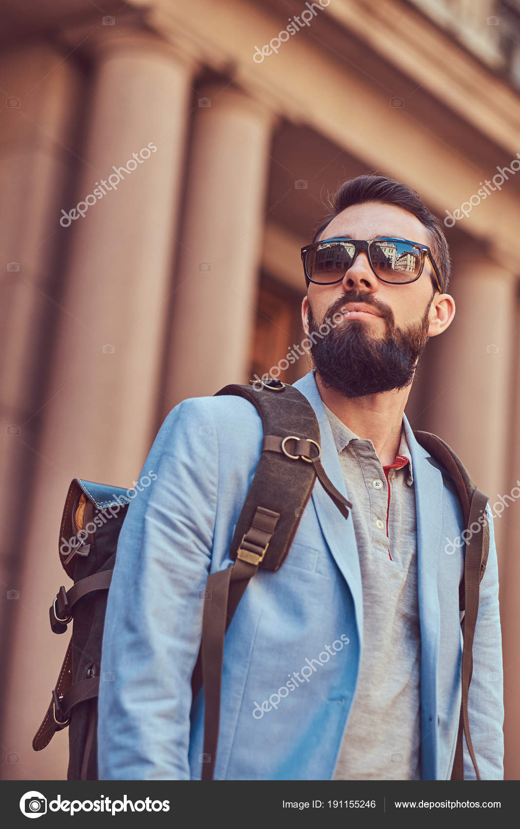 Tourist Full Beard Haircut Wearing Casual Clothes Sunglasses