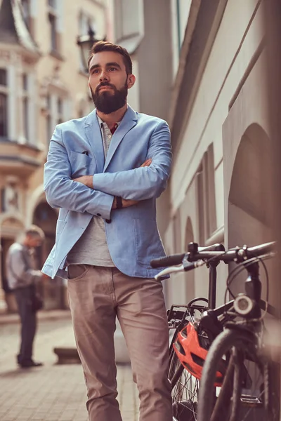 Fashionable Bearded Male Wearing Stylish Clothes Stands Bicycle Antique Street — Stock Photo, Image