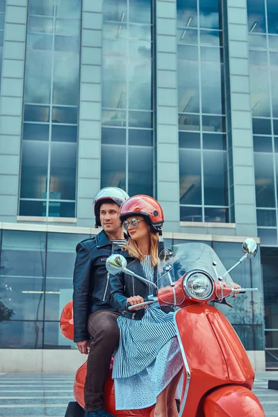 Attractive Couple Handsome Man Sexy Female Riding Together Red Retro — Stock Photo, Image