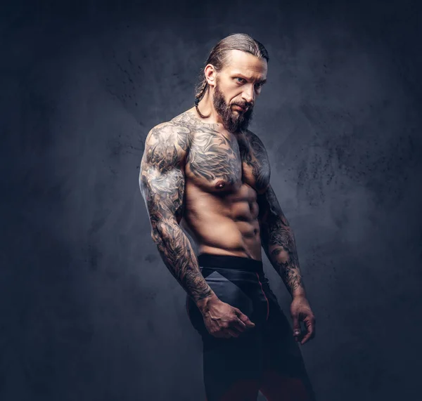 Portrait Muscular Naked Bearded Tattooed Male Stylish Haircut Sport Trousers — Stock Photo, Image