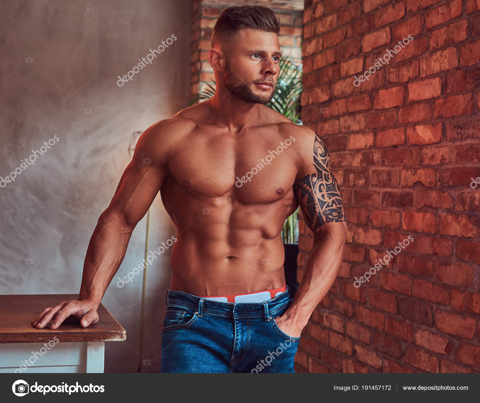 shirtless guys wearing jeans