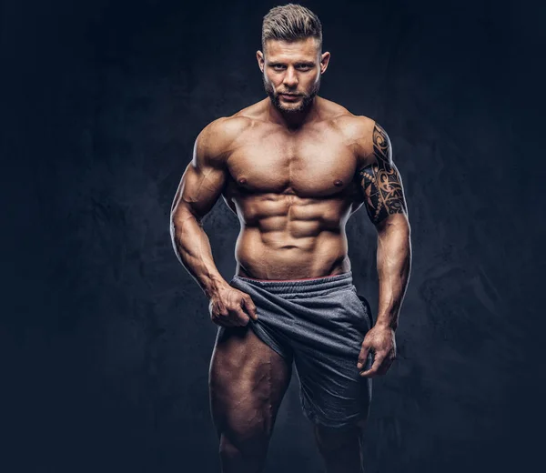 Portrait Handsome Shirtless Tattooed Bodybuilder Stylish Haircut Beard Shows Muscles — Stock Photo, Image
