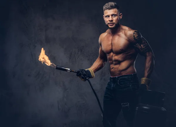 Brutal Tattooed Male Welder Stylish Haircut Beard Muscular Body Dressed — Stock Photo, Image